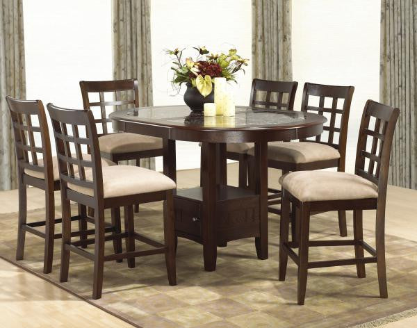 Wooden Pub Set with Faux Marble Top Inserts and Upholsetered Stools.