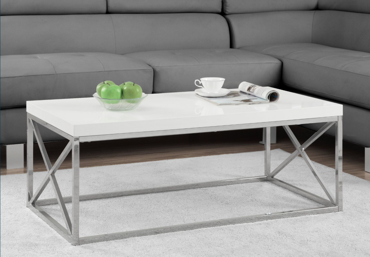 TABLE DE SALON - BLANC LUSTRE AVEC METAL CHROME