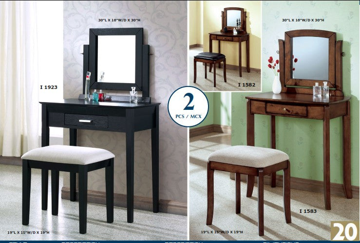 WALNUT SOLID-TOP 2PCS VANITY SET / BROWN LEATHER-LOOK ENS.2MCX DESK AND CHAIR SOLID WOOD WALNUT / SC BROWN