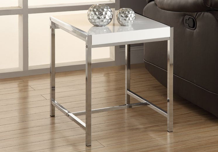 WHITE ACRYLIC / CHROME METAL ACCENT TABLE TABLE D'APPOINT METAL CHROME / ACRYLIQUE BLANC