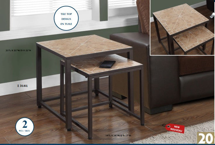 TERRACOTTA TILE TOP / HAMMERED BROWN 2PCS NESTING TABLES TABLE A GOUTER 2MCX BRUN MARTELE/DESSUS TUILE TERRACOTTA