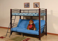 Detachable Futon Bunk with Cherry Solid Wood Posts and Black Wrought Iron Structure.