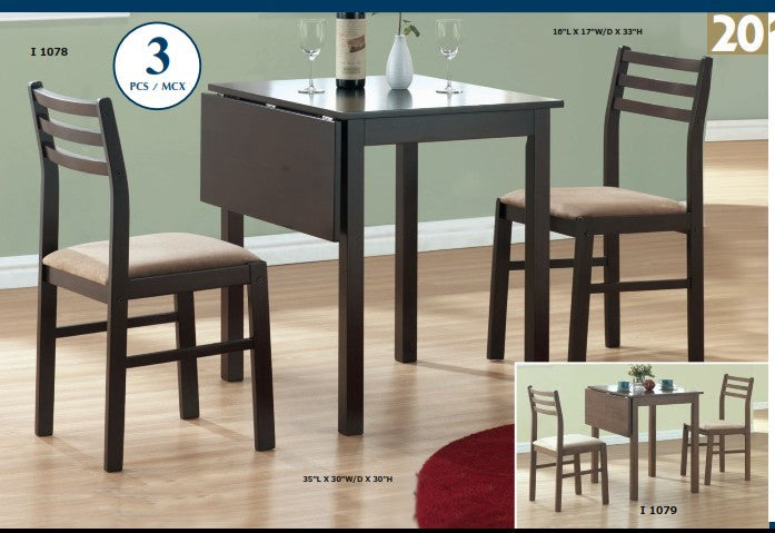 WALNUT 3PCS SOLID-TOP DROP LEAF DINING SET ENS. A DINER 3MCX COTE ABAISSANT BOIS MASSIF NOYER