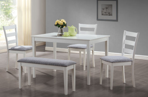 WHITE 5PCS DINING SET WITH A BENCH AND 3 SIDE CHAIRS ENS. A DINER 5MCX BLANC AVEC BANC ET 3 CHAISES
