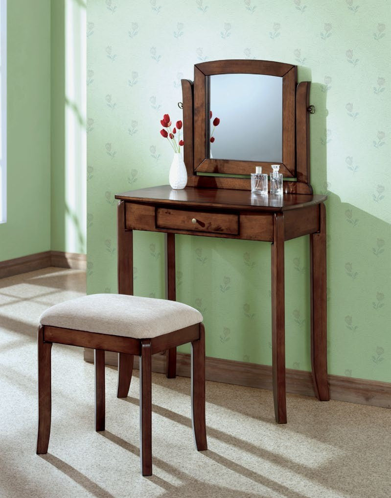 WALNUT SOLID-TOP 2PCS VANITY SET / BEIGE CHENILLE ENS. 2MCX VANITE SOLID WOOD WALNUT / BEIGE CHENILLE