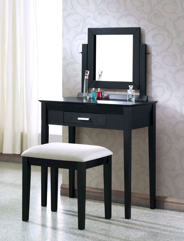 BLACK GRAIN VENEER 2PCS VANITY SET / GREY FABRIC STOOL ENS. 2MCX VANITE PLAQUE GRAIN NOIR ET TABOURET TISSU GRIS