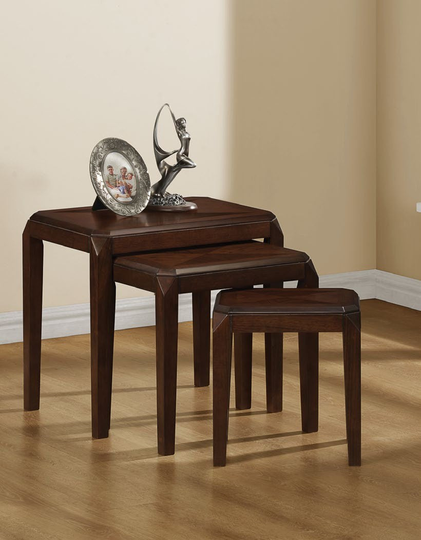 BROWN OAK VENEER 3PCS NESTING TABLE SET ENSEMBLES 3MCX TABLES A GOUTER PLAQUE CHENE BRUN