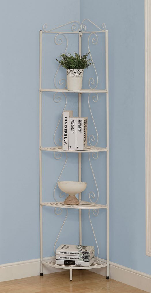 WHITE HAMMERED METAL 70"H CORNER DISPLAY ETAGERE ETAGERE DECORATIVE DE COIN 70"H MARTELE BLANC