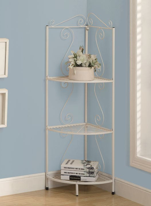 WHITE HAMMERED METAL 48"H CORNER DISPLAY ETAGERE ETAGERE DECORATIVE DE COIN 48"H MARTELE BLANC