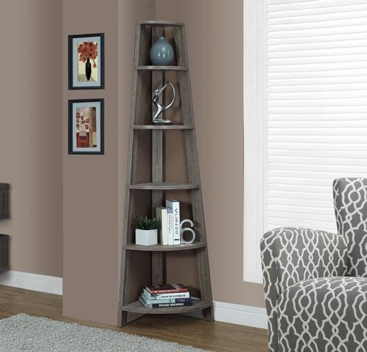 DARK TAUPE RECLAIMED-LOOK 72"H CORNER ACCENT ETAGERE ETAGERE EN COIN D'APPOINT 72"H STYLE VIEUX BOIS TAUPE