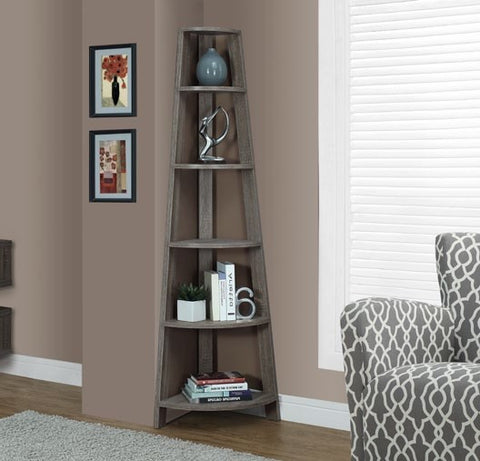 DARK TAUPE RECLAIMED-LOOK 72"H CORNER ACCENT ETAGERE ETAGERE EN COIN D'APPOINT 72"H STYLE VIEUX BOIS TAUPE