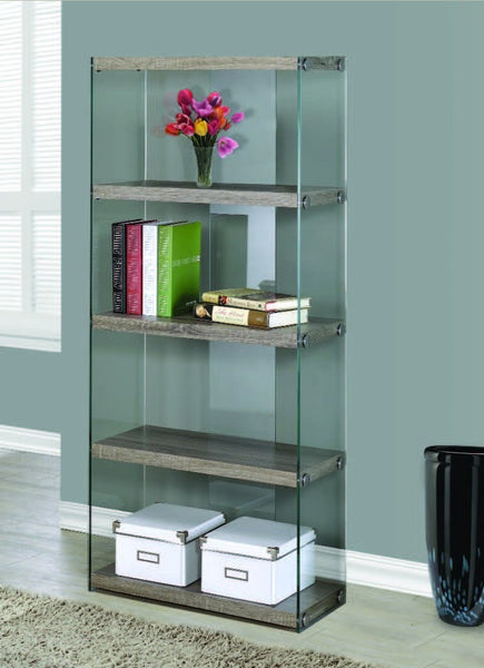 DARK TAUPE RECLAIMED-LOOK / TEMPERED GLASS 60"H BOOKCASE BIBLIOTHEQUE 60"H VERRE TREMPE/STYLE VIEUX BOIS TAUPE