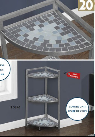 GREY / BLUE TILE TOP/ HAMMERED SILVER 30"H CORNER ETAGERE ETAGERE EN COIN 30"H ARGENT MARTELE/ TUILE BLEU / GRIS