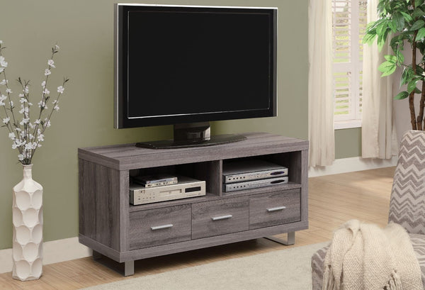 DARK TAUPE RECLAIMED-LOOK 48"L TV CONSOLE WITH 3 DRAWERS CONSOLE TV 3 TIROIRS 48"L STYLE VIEUX BOIS TAUPE FONCE
