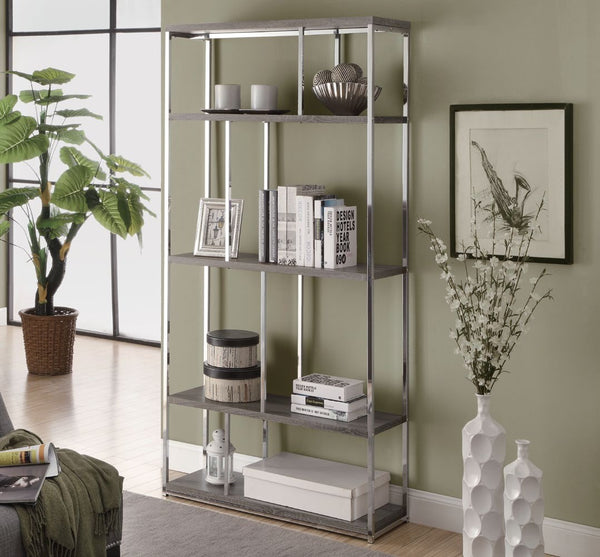 DARK TAUPE RECLAIMED-LOOK / CHROME METAL 72"H BOOKCASE BIBLIOTEQUE 72"H METAL CHROME / STYLE VIEUX BOIS TAUPE