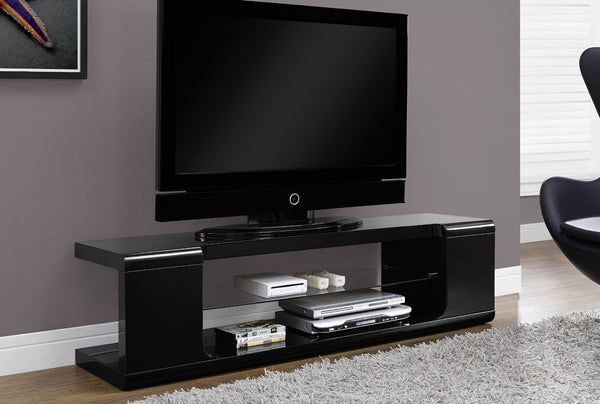 HIGH GLOSSY BLACK 60"L TV CONSOLE WITH TEMPERED GLASS CONSOLE TV 60"L NOIR LUSTRE AVEC VERRE TREMPE