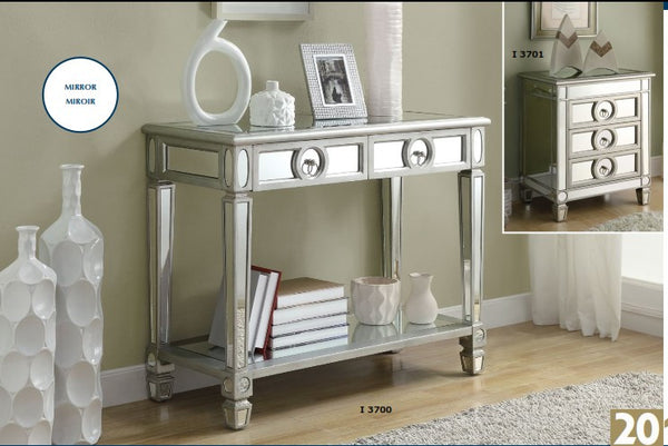 BRUSHED SILVER / MIRRORED 3 DRAWER ACCENT TABLE TABLE D'APPOINT ARGENT BROSSER / MIROIR A 3 TIROIRS