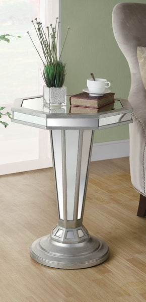 BRUSHED SILVER / MIRRORED 22" OCTAGON SHAPE ACCENT TABLE TABLE D'APPOINT OCTOGONALE 22" AREGENT BROSSER / MIROIR