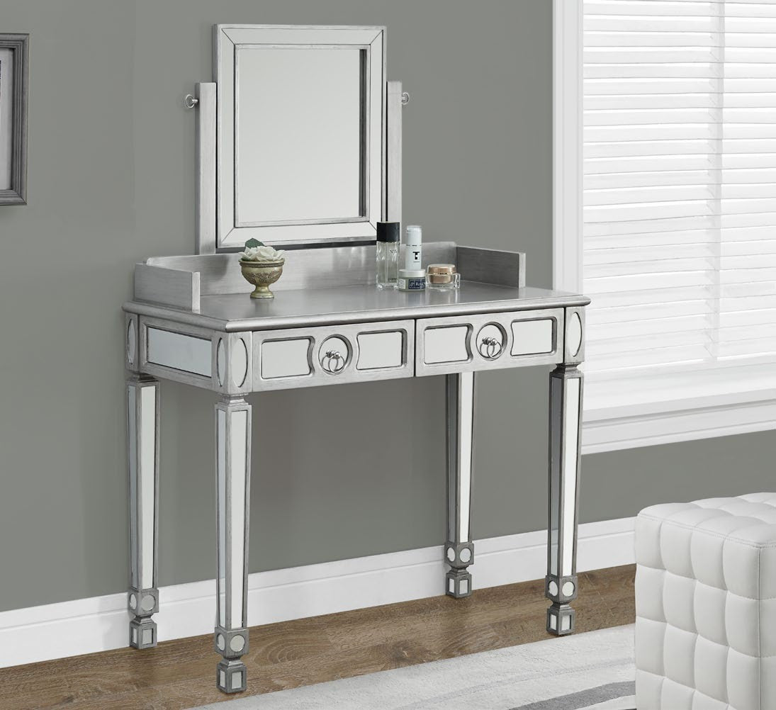 BRUSHED SILVER / MIRRORED 36"L VANITY WITH 2 DRAWERS VANITE 36"L ARGENT BROSSER / MIROIR AVEC 2 TIROIRS
