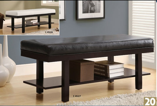 BLACK SOLID WOOD / WHITE LEATHER-LOOK 48"L BENCH BANC 48"L BOIS MASSIF NOIR / SIMILI-CUIR BLANC
