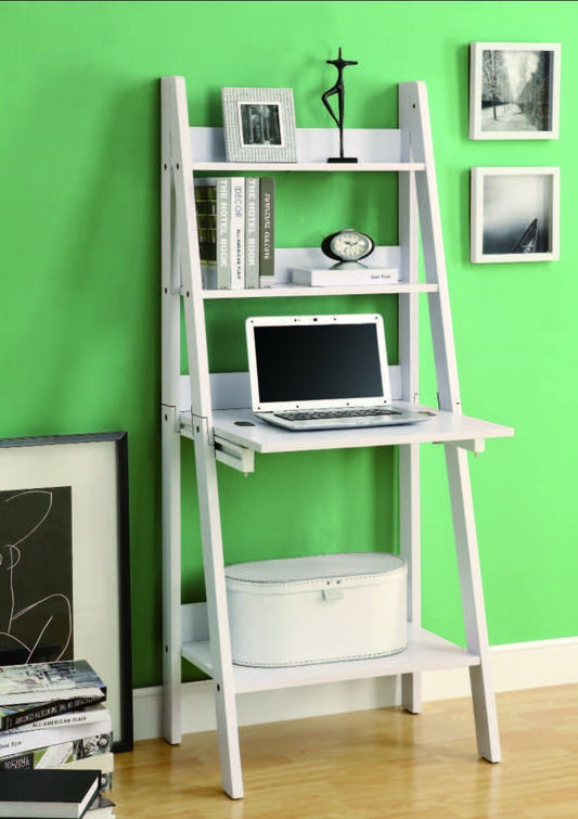 WHITE 61"H LADDER BOOKCASE WITH A DROP-DOWN DESK BUREAU BIBLIOTHEQUE EN ECHELLE 61"H BLANC