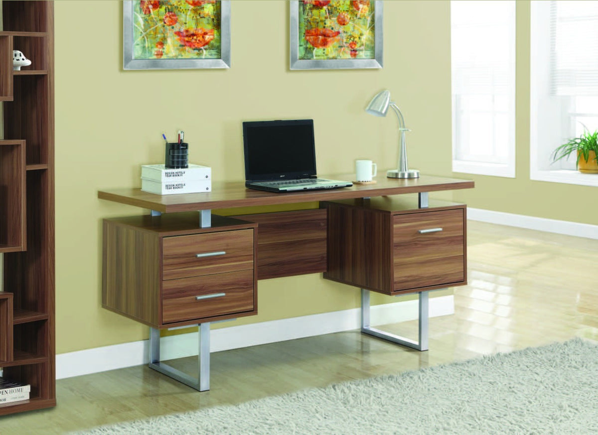 WALNUT HOLLOW-CORE / SILVER METAL 60"L OFFICE DESK BUREAU 60"L METAL ARGENT / NOYER HOLLOW-CORE