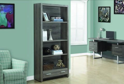 DARK TAUPE RECLAIMED-LOOK 71"H BOOKCASE WITH A DRAWER BIBLIOTHEQUE AVEC TIROIR 71"H STYLE VIEUX BOIS TAUPE