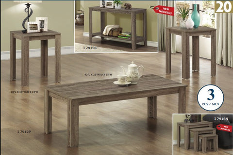 DARK TAUPE RECLAIMED-LOOK 3PCS TABLE SET ENSEMBLE 3MCX TABLES ALLURE VIEUX BOIS TAUPE FONCE