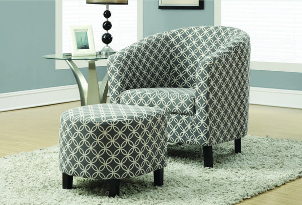 GREY " CIRCULAR " FABRIC ACCENT CHAIR AND OTTOMAN FAUTEUIL D'APPOINT TISSU " MOTIF ROND " GRIS / POUF